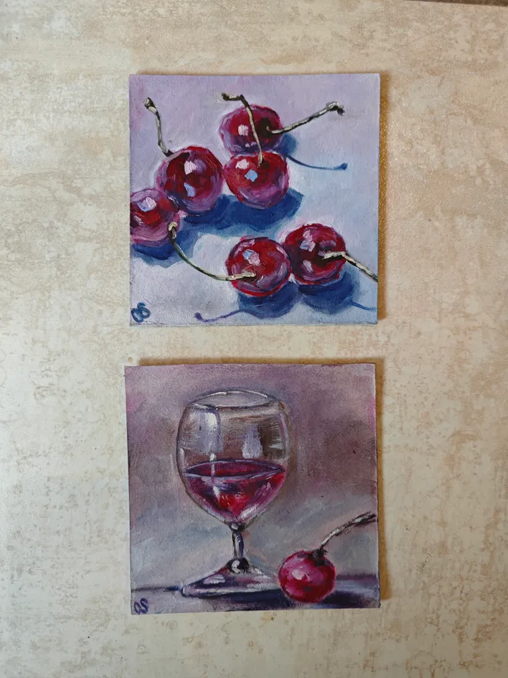 Cherries Original Painting Cherry Fruit Original Art Cherries Modern Artwork Bright Cherries Oil Painting Cherry On Table Fruit Wall Art Decor 5 x 5 inches by OlgaSokolovaArt
