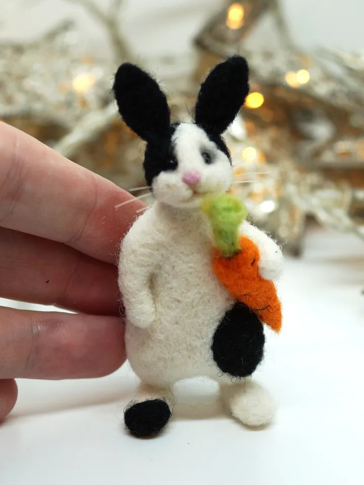 Bruno the rabbit, miniature needle felted black and white rabbit with a carrot, made to order