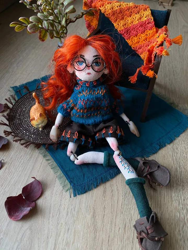 Red-haired doll with goblincore and cottagecore style with tattoos