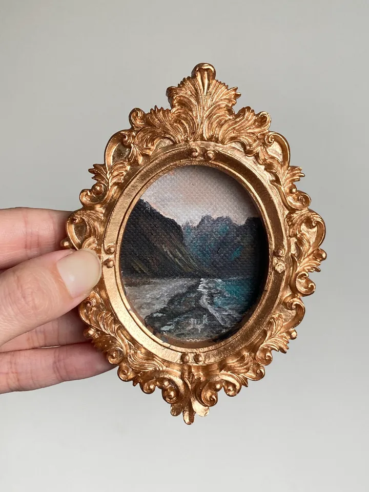 Coastal Landscape Oil Painting Original In Vintage Style Frame Small Framed Oval Painting Art
