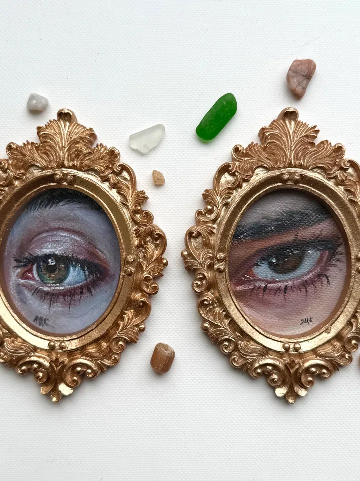 Original Framed Lover's Eye Antique Painting Illustration Vintage Style Small