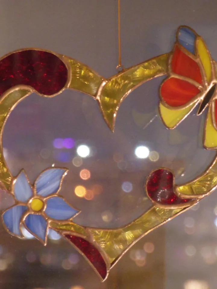 Valentine Heart with Flower and Butterfly . Red Yellow Blue . Art Stained glass window hanging Suncatcher