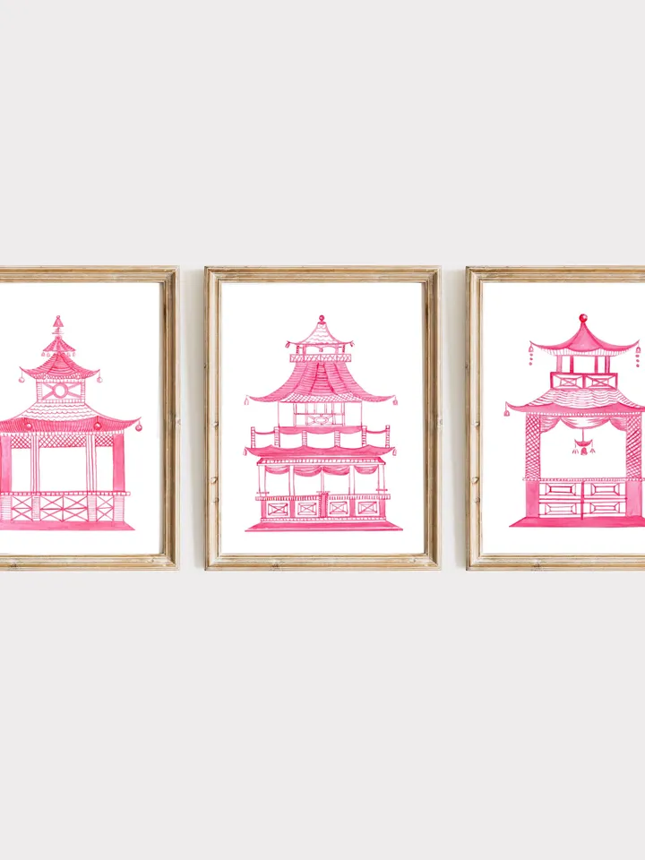 Pink Pagoda Watercolor Painting Chinoiserie Asian Wall Art Poster Pagoda Print Set Of 3 Watercolor Painting Chinoiserie Painting Art Print