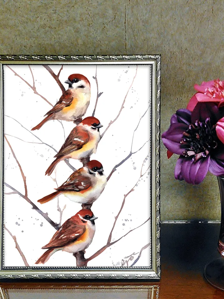 Sparrows original watercolor, birds painting, wall decor, 7x10 in art for birds lovers by Anne Gorywine