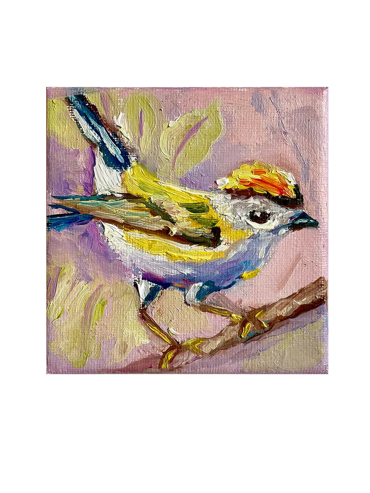 Chickadee Painting, Bird Art Original oil Painting on Canvas, Wildlife Wall Art, Miniature Artwork 4"x 4"