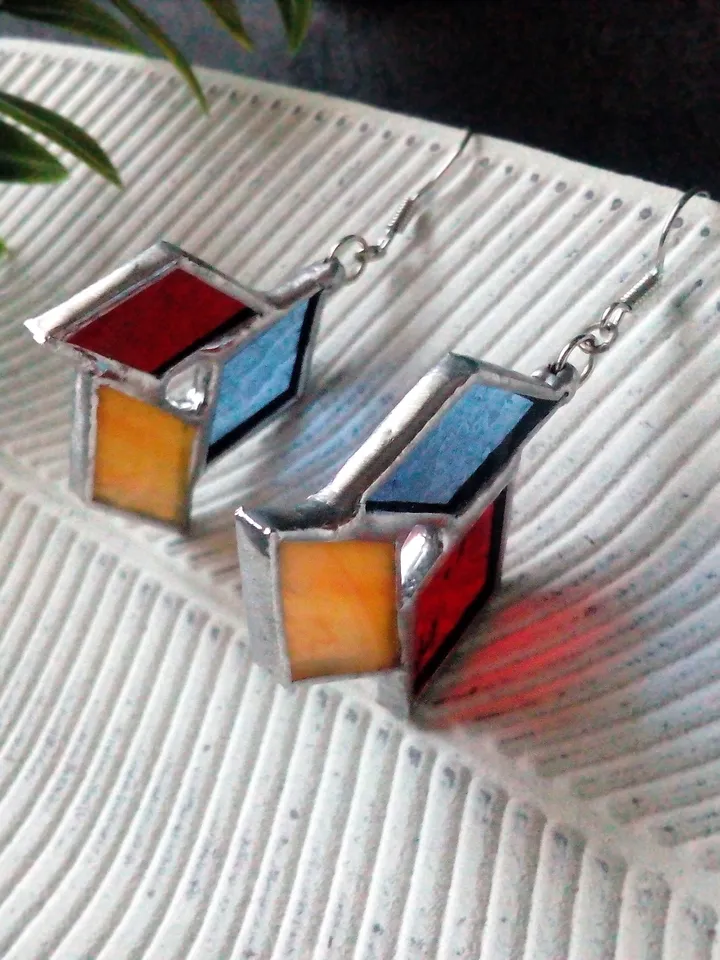 Origami stained glass earrrings - geometric handmade tiffany earrrings