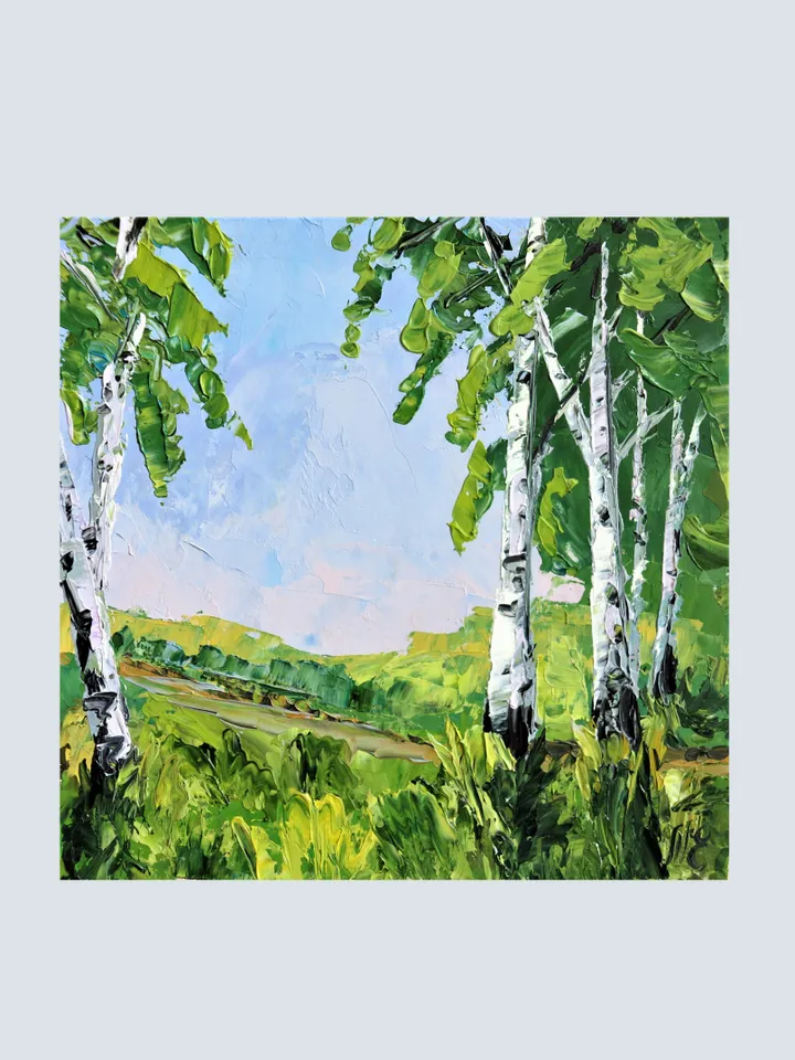 Original Oil Painting Landscape with Birch Trees Summer Birch Forest Mini Artwork