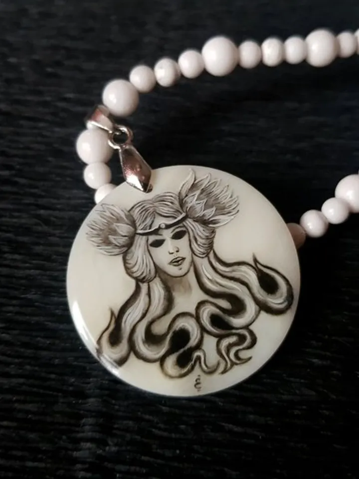 Witch craft necklace with miniature painting. Mermaid, valkyrie on pearl pendant
