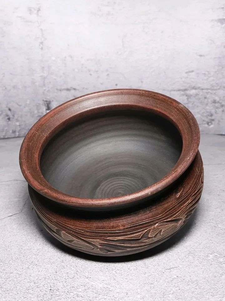 Pottery casserole. Handmade from red clay, carved pattern. Eco-friendly product