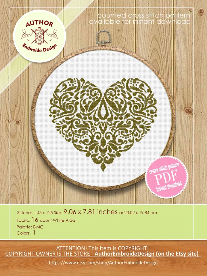 Floral heart cross stitch pattern PDF download Heart mandala cross stitch chart, Monochrome heart ornament cross stitch, Home decor #M229