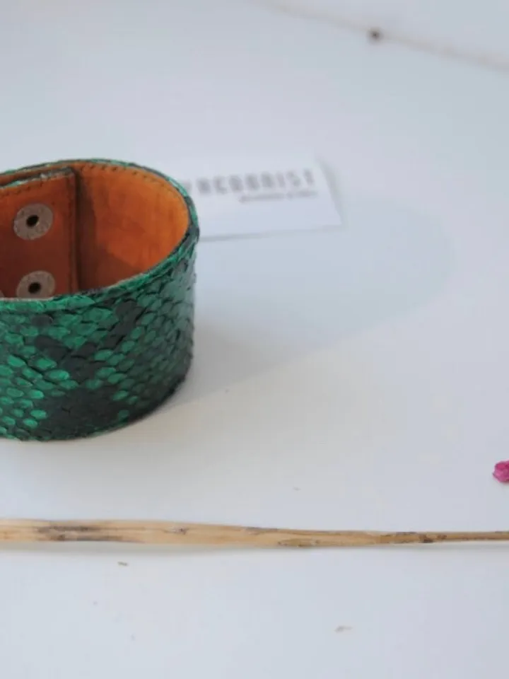 Green Python Skin Bracelet | Flat Woman Buttoned Exotic Leather Bracelet | Wide Leather Bracelet | Women Jewerly | Snake Skin Bracelet