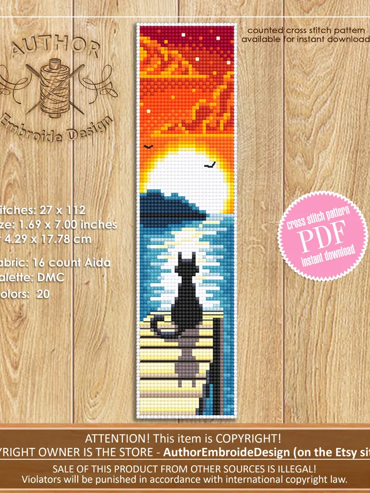 Cat Bookmark set cross stitch pattern download PDF Handmade bookmark cross stitch, Black cat embroidery, Sunset, Nature landscape Moon #B112