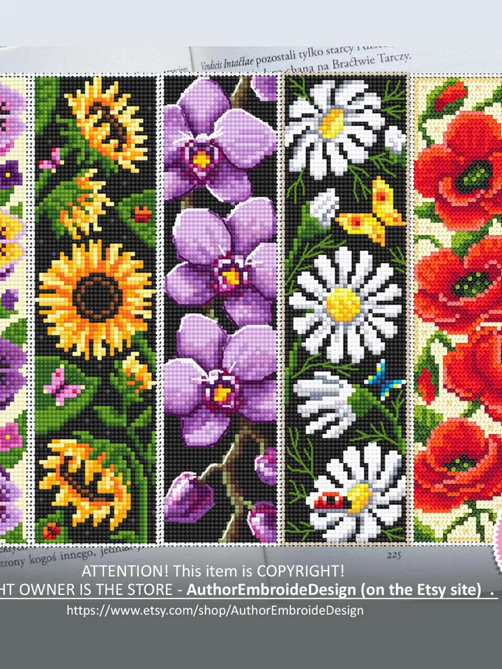 Flower bookmark set cross stitch pattern PDF download Floral bookmark for women, Bookmark pattern digital PDF, Red poppies, Pansy #B236