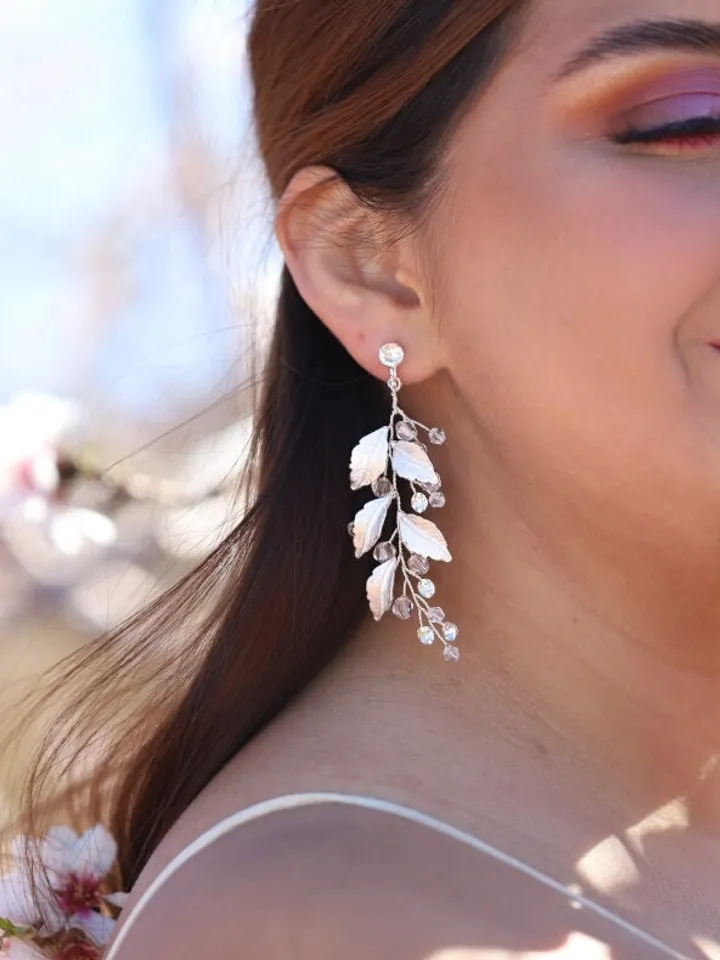 Long Boho Wedding Earrings, Leaf Statement Wedding Earrings, Swarovski Crystal Chandelier Silver Bridal Earrings, Statement Jewelry Set ,