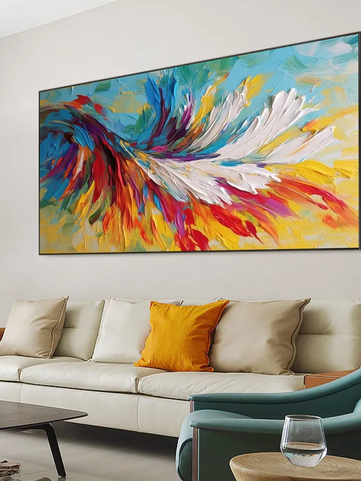 Large Oil Painting On Canvas, Original Colorful Feathers Painting, Abstract Painting, Custom Painting, Office Living room Bedroom Wall Art