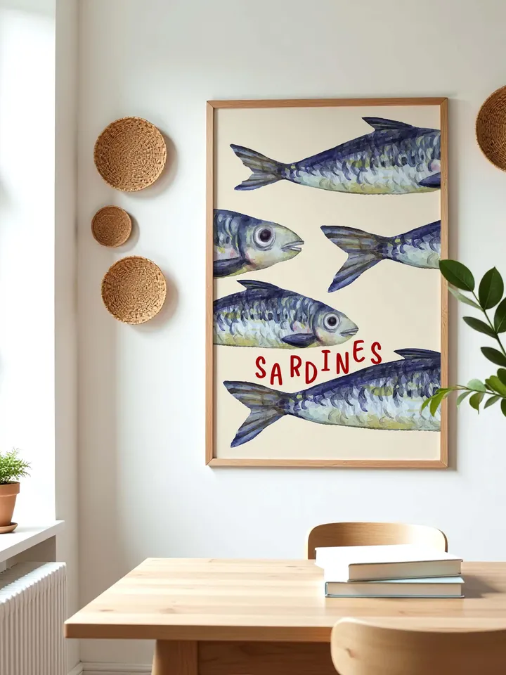 Sardine Wall Art, Sardines Tin Fish Poster, Colorful Kitchen Print, Maximalist Home Decor, Vintage Style Digital Artwork, Retro Sardine Art