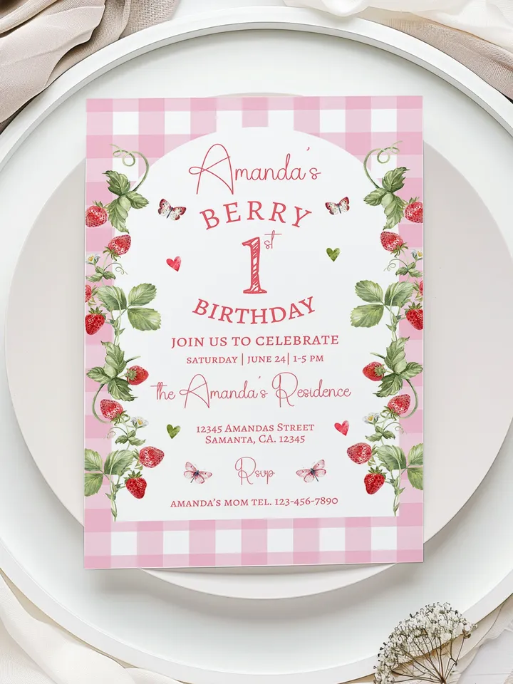 EDITABLE Pink Gingham Berry First Birthday Invitation, Berry First Birthday Digital Invitation Birthday, Strawberry First Birthday Invite