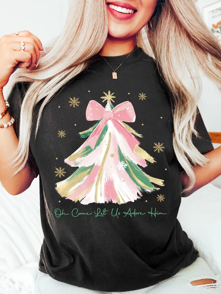 Oh Come Let Us Adore Him Png, Coquette Bow Christmas Tree Png,Christmas Jesus PNG,Watercolor Christian Christmas Png,Xmas Tree with Bow Png