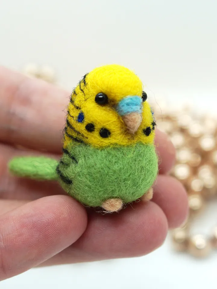 Miniature needle felted green and yellow budgie, pet bird, needle felted parakeet, made to order