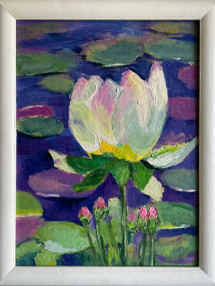 Water lily painting, original oil painting, framed flower painting, White lotus wall art