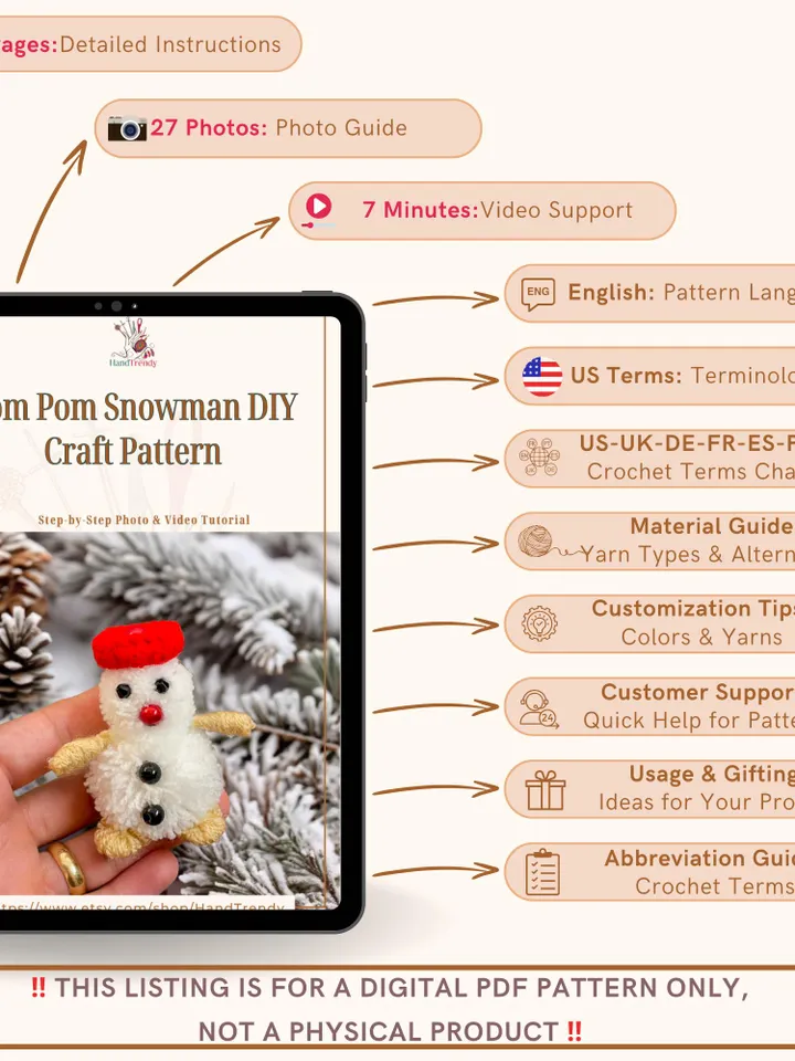 Pom Pom Snowman DIY Craft Pattern, Easy Snowman Tutorial for Winter Decorations, Handmade Christmas Ornament Gift