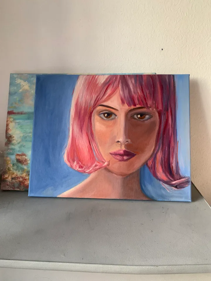 film closer sexy girl with bright pink hair portrait oil painting
