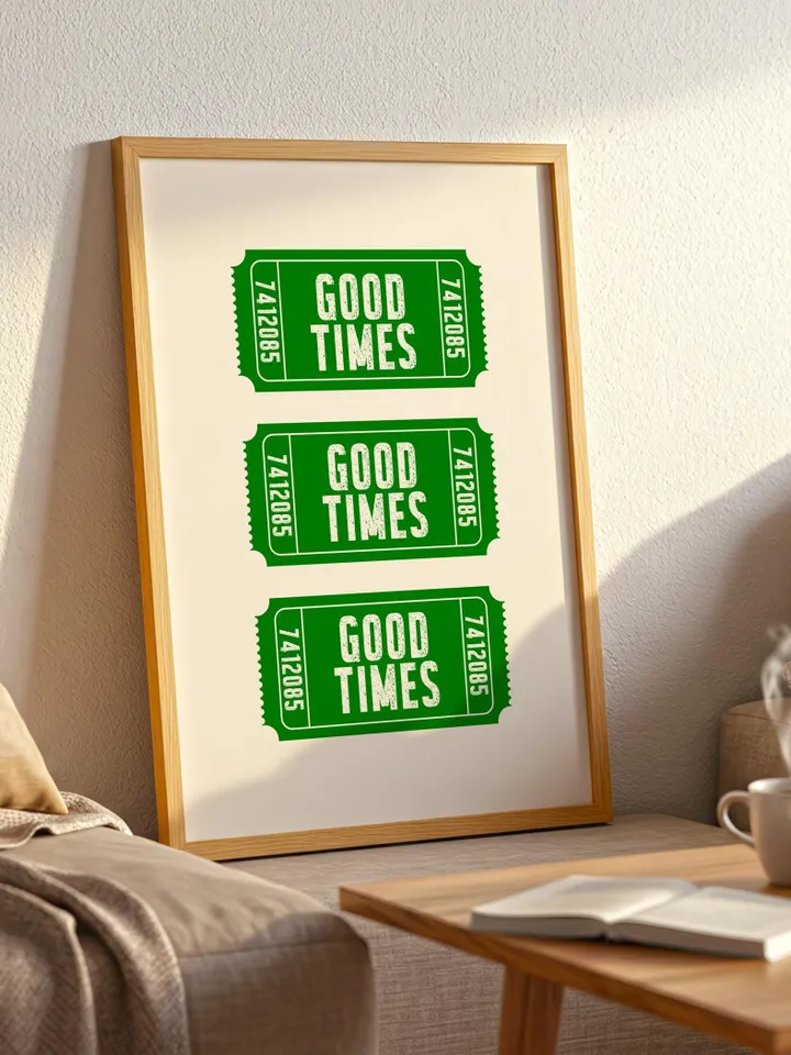 Good Times Ticket Printable Wall Art, Retro Ticket Poster, Positive Vibes Minimalist Green, Personalized and Customizable, Digital Download