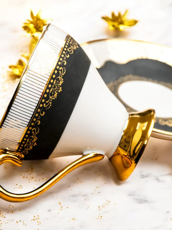 14K Genuine Gold Powder Porcelain Tea Cups And Saucers | Tea Cups Saucers Set | Gold Porcelain Set | Elegant Teaware | Gift For Tea Lovers