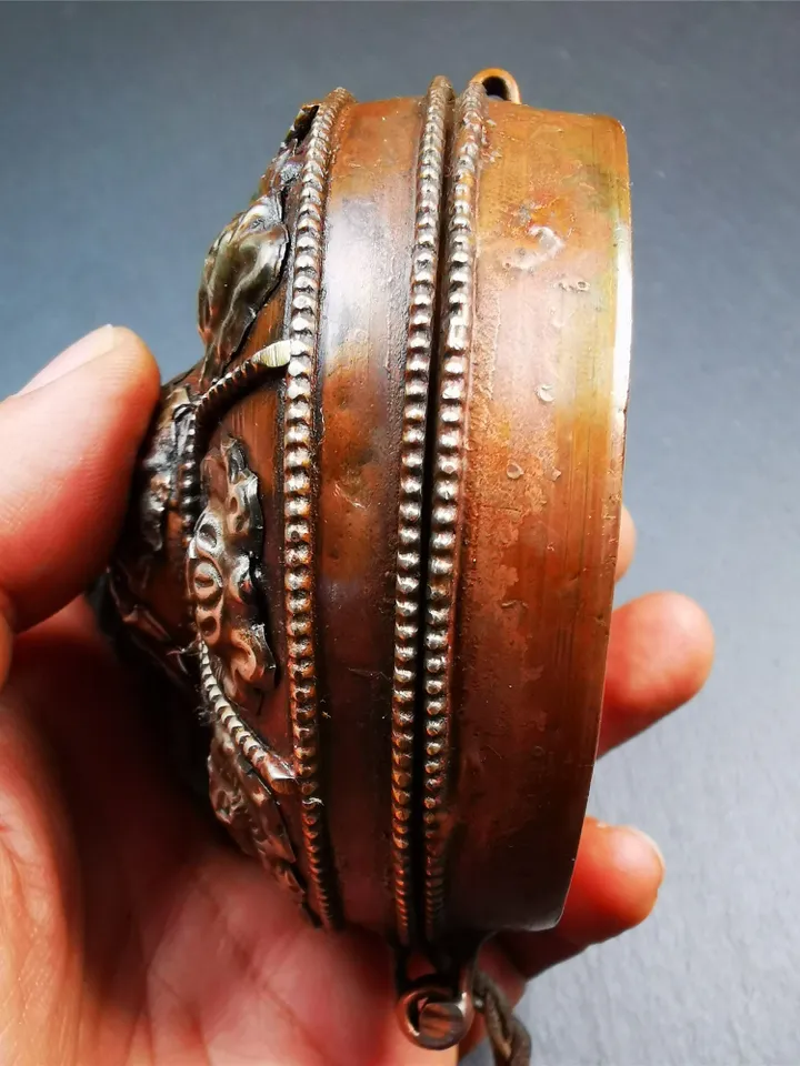 Gandhanra 8cm Copper Case,Astamangal Pattern, for Tibetan Cymbals, Tingsha Bell,Handmade in Nepal