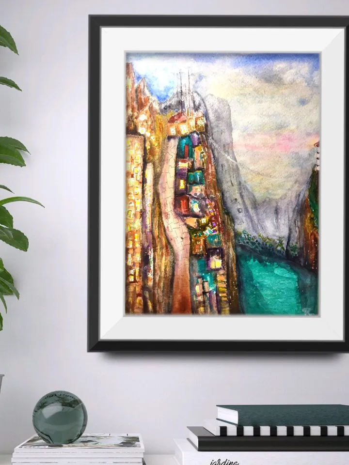 Abstract watercolour painting,original watercolour wall art,fantasy landscape,architecture and cityscape painting.