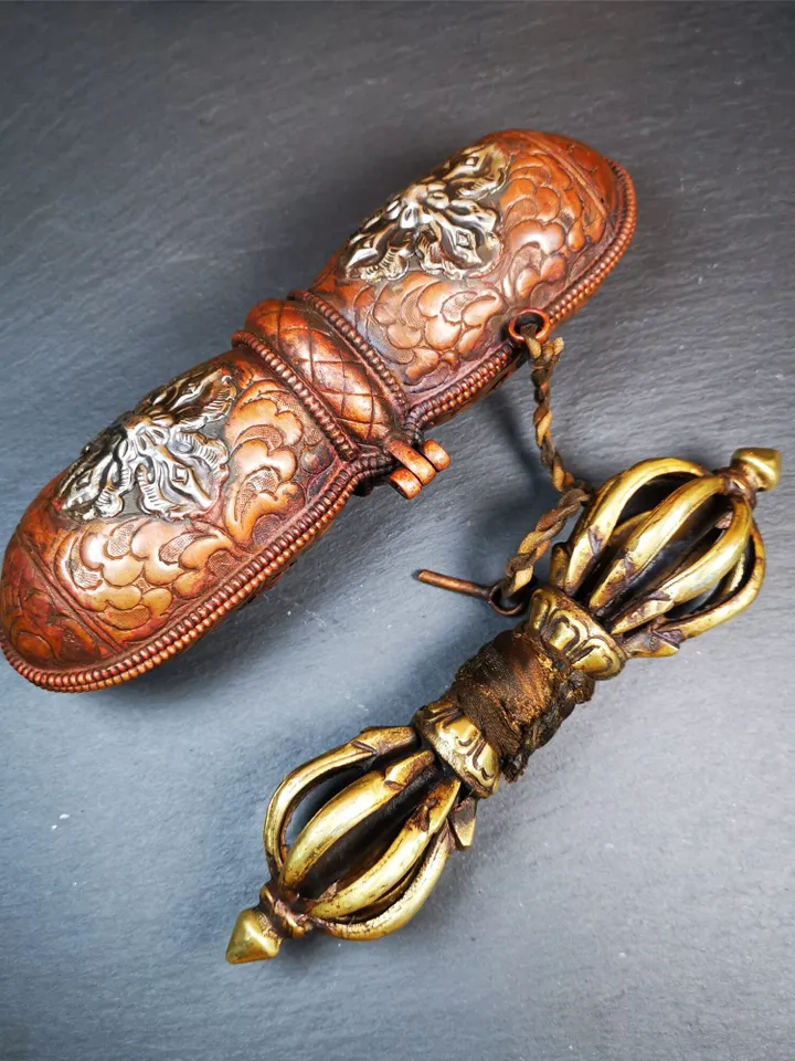 Gandhanra Vintage Vajra Dorje with Copper Case ,Tibetan Tantric Buddhism (Vajrayana) Ritual Implement,Handmade in Nepal,7.88"