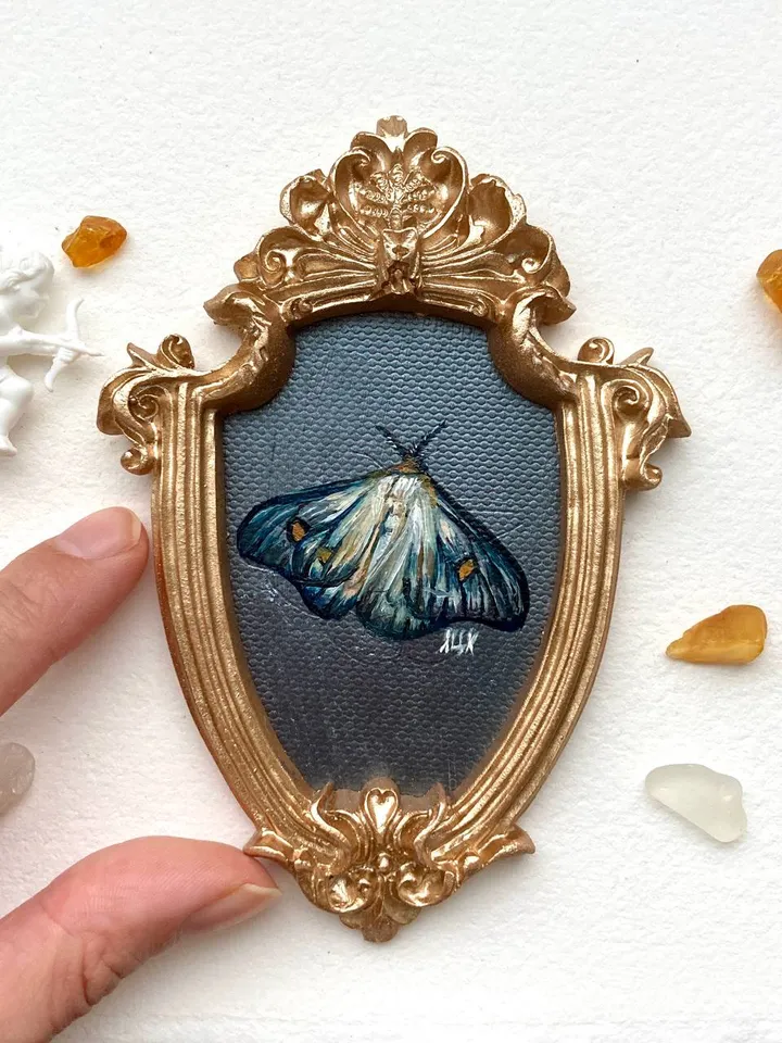 Moth Painting Original Gold Frame Art Original Oil Painting Small 3x4 Butterfly Artwork Enotomology Wall Decor