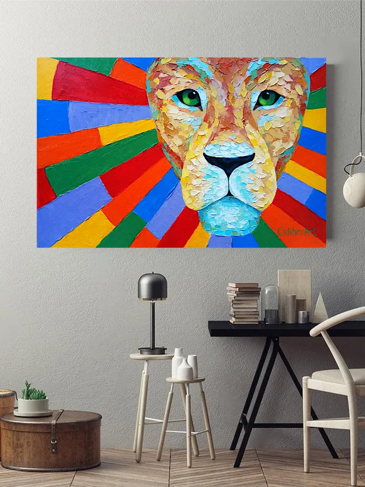 Lion Painting Abstract Original Art Animal Rainbow Wall Art Impasto Painting On Canvas Colorful 16" x 24" By Colibri Art
