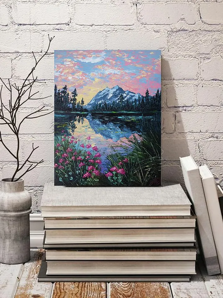 Mountain Painting Lake Original Art Sunset Artwork Landscape Impasto Painting