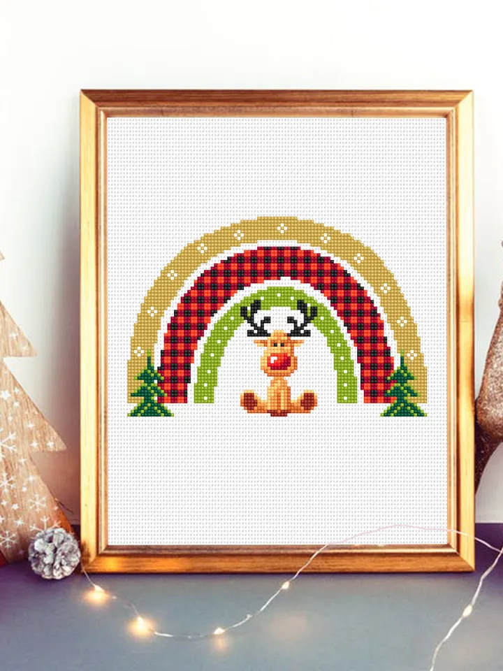 Christmas rainbow reindeer cross stitch pattern PDF download, Buffalo plaid rainbow cross stitch chart, Christmas pattern digital PDF #N135