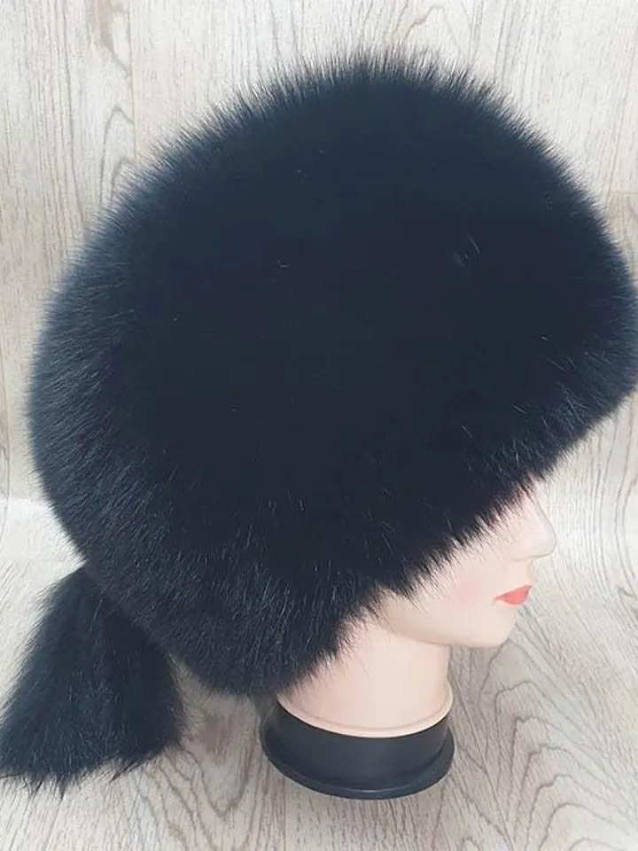 Women's hat made of fox fur. Black fur hat made of natural fur. Winter hat made of whole fur, warm, comfortable Barbara.