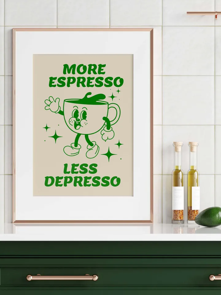 Espresso Digital Wall Art, Coffee Lover Art Print, More Espresso Less Depresso Print, Retro Coffee Quote Print, Trendy coffee poster
