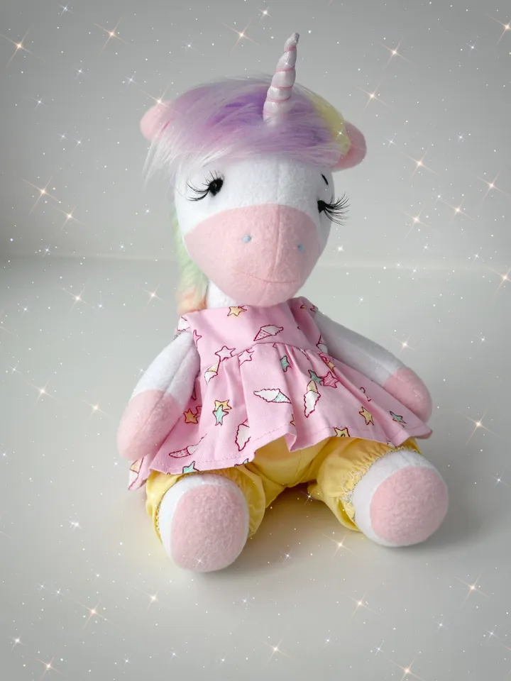 Handmade Unicorn Doll in dress. Soft plush toy. Fairy cute animal.