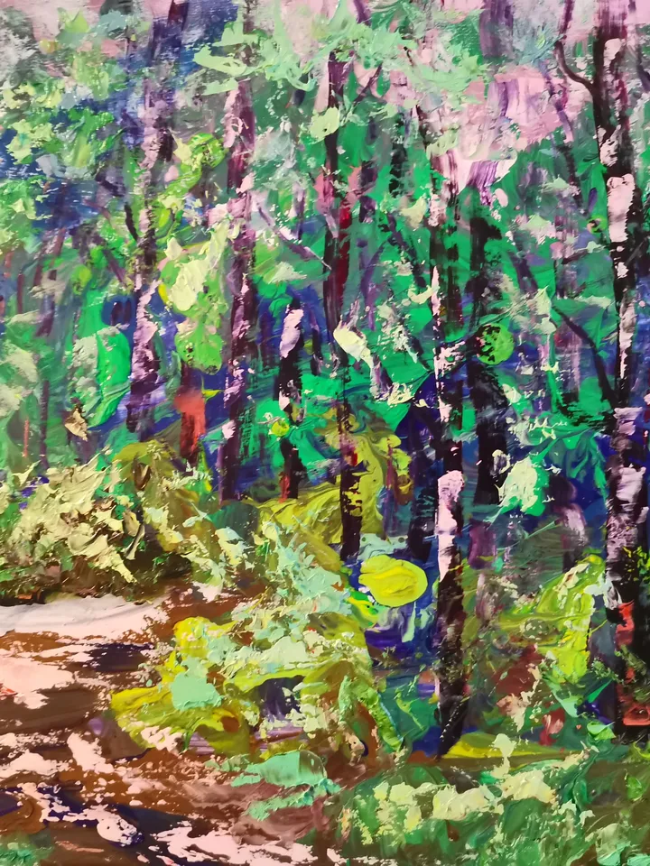 Oil Painting Forest Path Sun Abstract Impasto Art Original Artist Svinar Oksana