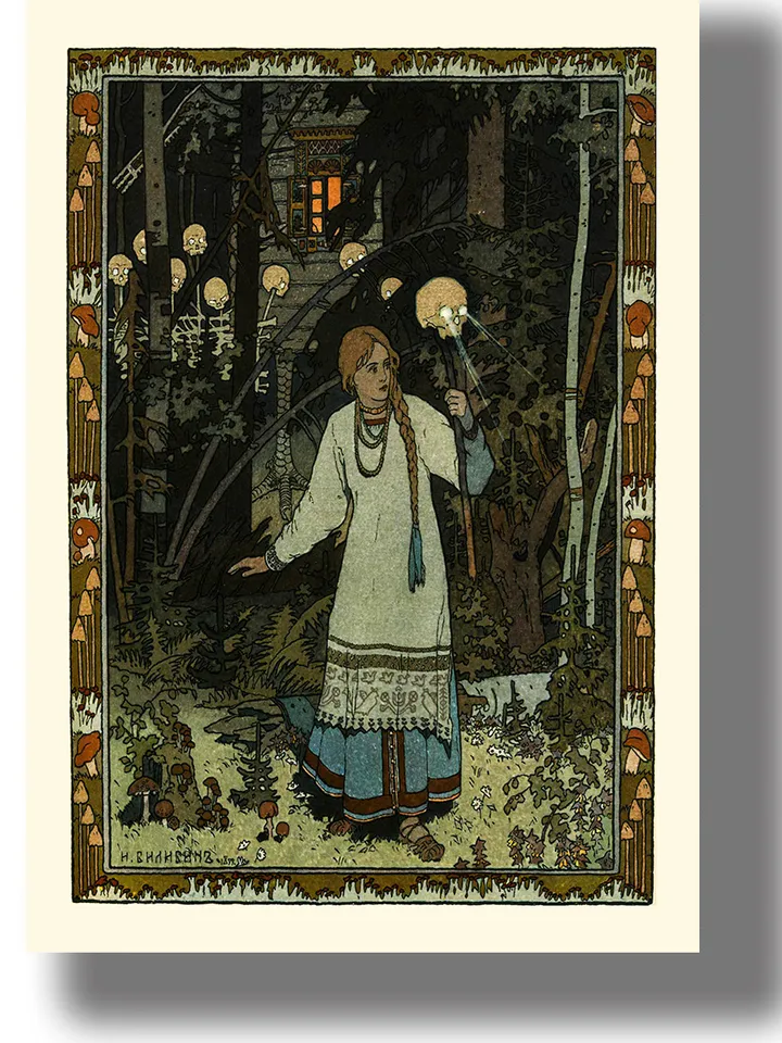 Vasilisa the Beautiful leaves the house of Baba Yaga.