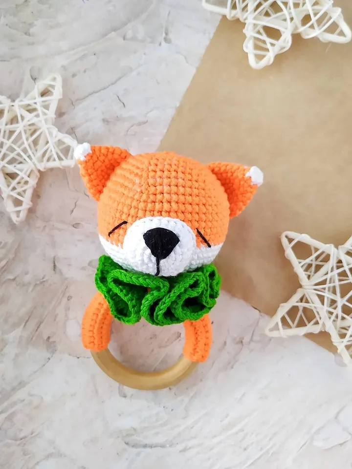Baby rattle toy Pattern Fox Rattle Teething ring Crochet baby pattern wood ring Organic toys Baby gift Eco friendly Amigurumi Fox