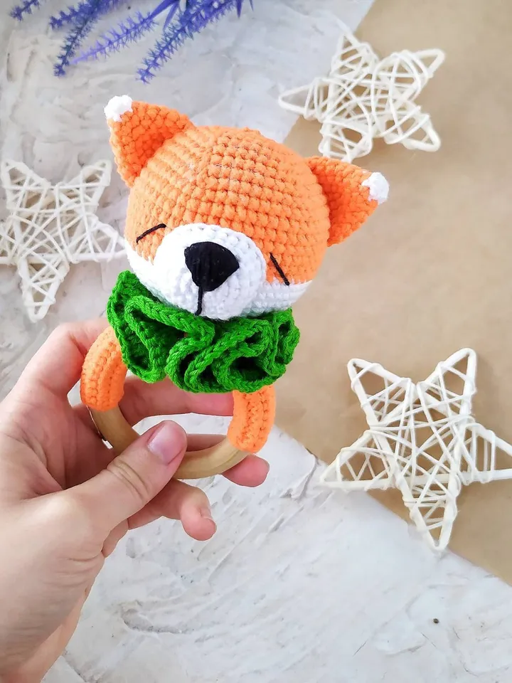 Baby rattle toy Pattern Fox Rattle Teething ring Crochet baby pattern wood ring Organic toys Baby gift Eco friendly Amigurumi Fox