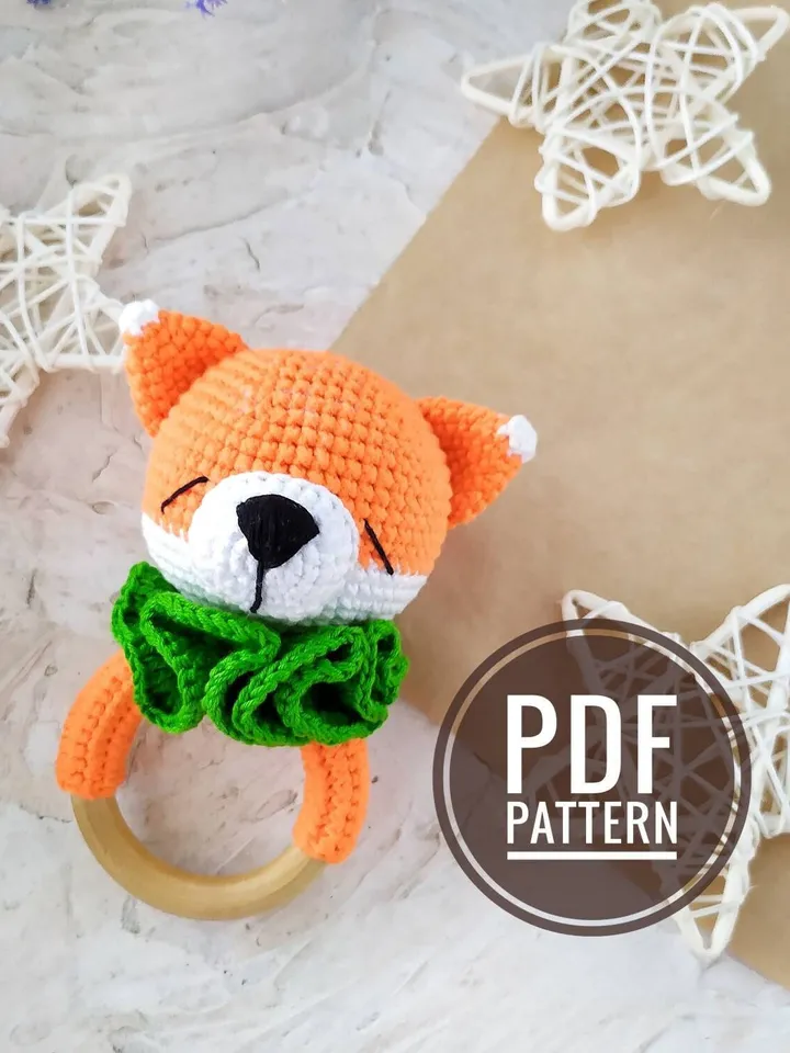 Baby rattle toy Pattern Fox Rattle Teething ring Crochet baby pattern wood ring Organic toys Baby gift Eco friendly Amigurumi Fox