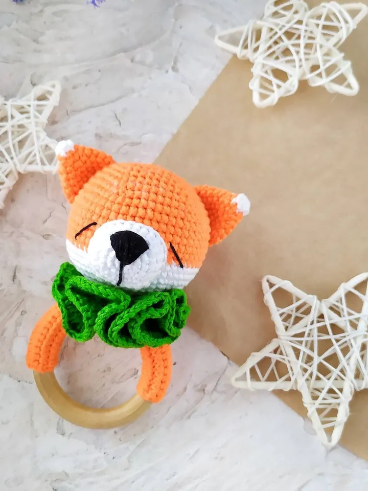 Baby rattle toy Pattern Fox Rattle Teething ring Crochet baby pattern wood ring Organic toys Baby gift Eco friendly Amigurumi Fox