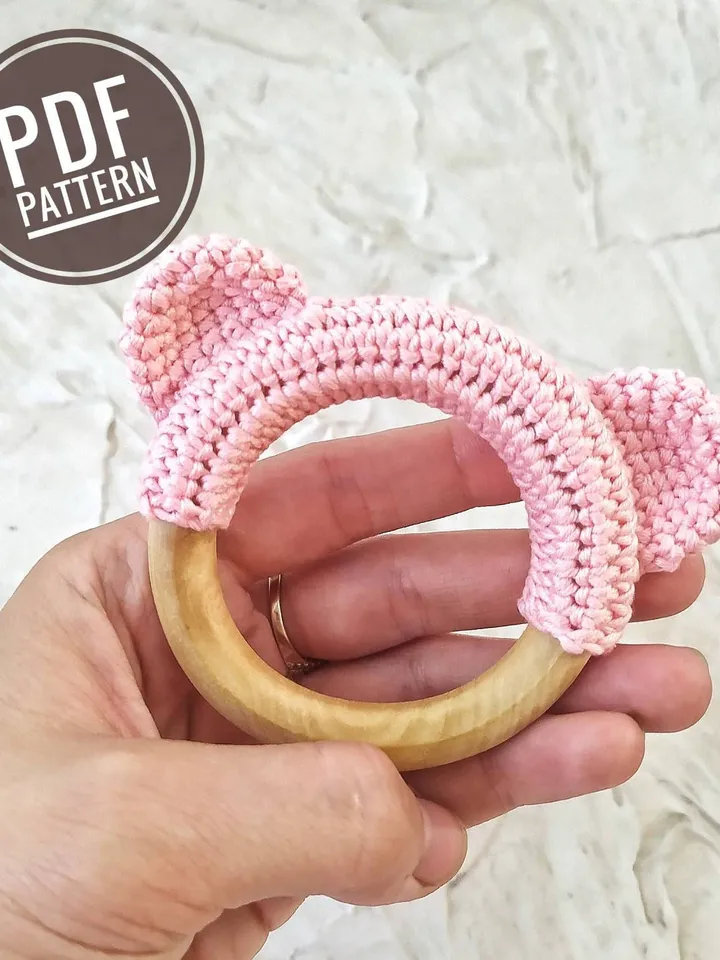 Crochet wooden teething ring with bear ears Teething bear toy Sensory toy PDF Pattern Ease crochet pattern Crochet animal