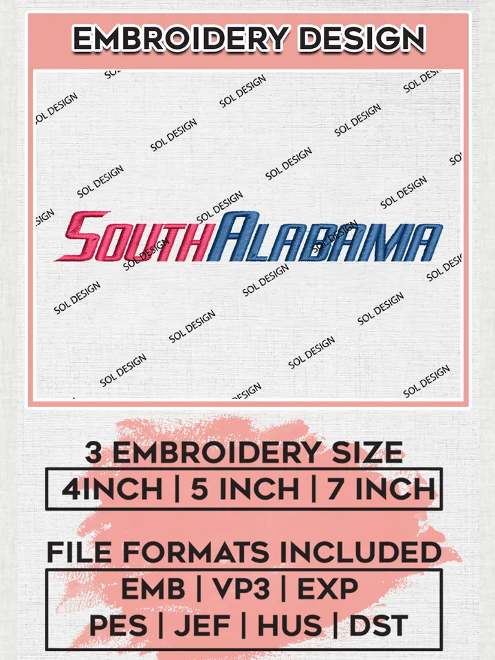 NCAA South Alabama Team Writing Logo Embroidery Design Files, NCAA South Alabama Jaguars Machine Embroidery, NCAA Teams, Game Day, 3 sizes, NCAA Machine embroidery designs, Digital Download