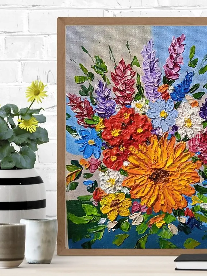 Oil Painting Bright Flowers Chamomile Sunflowers Impasto Art Miniature 15x20 cm