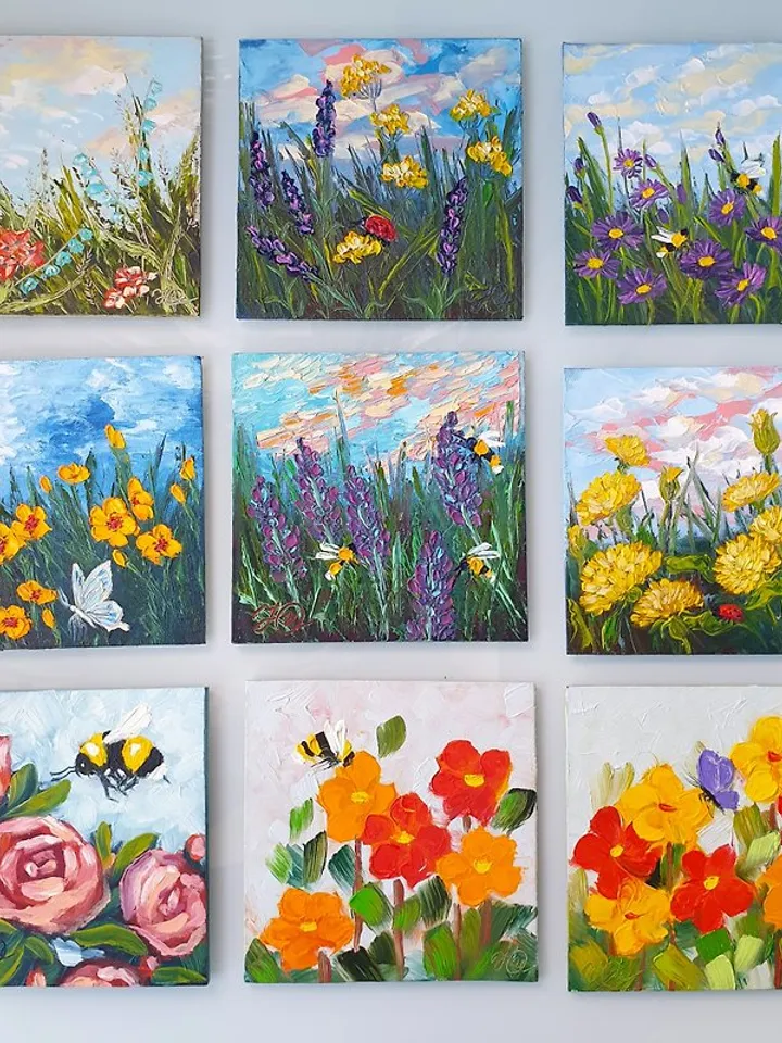 Dandelions Painting Ladybug Original Art Wildflower Wall Art Small Oil Painting