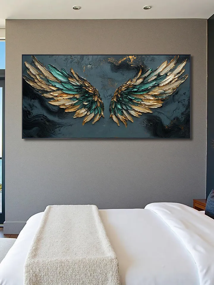 Large Emerald Green & Gold Angel Wings Impasto Painting, Textured 3D Wall Art, Original Abstract Art, Unique Home Decor, Office Wall Decor