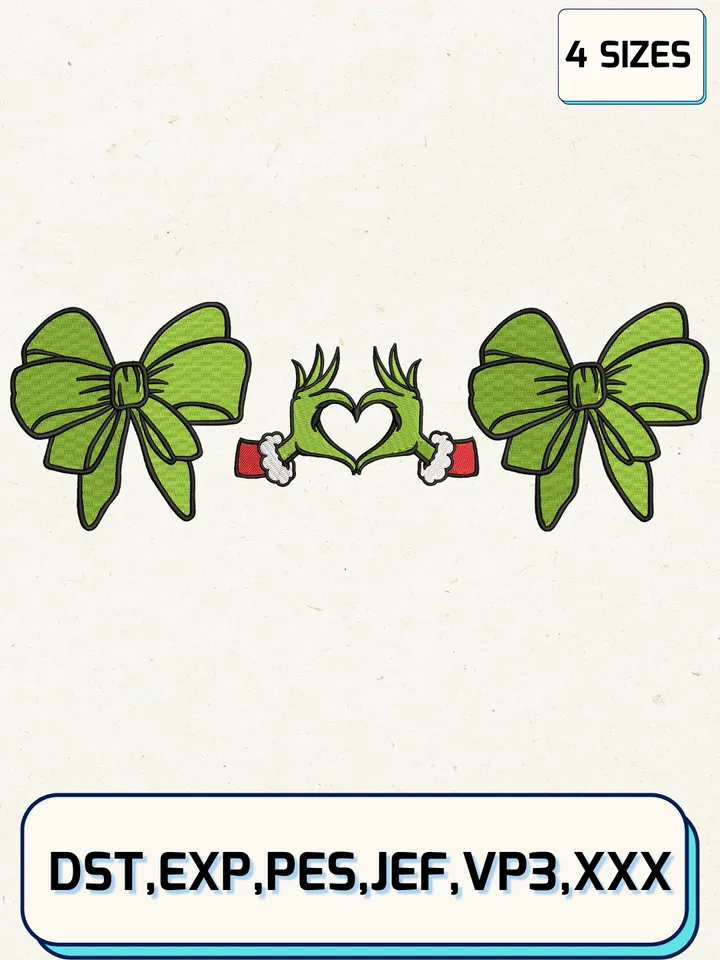Grinchmas Hand Heart Coquette Bow Christmas Embroidery Design Files,Christmas Embroidery Designs,Machine Embroidery Files,4 Sizes